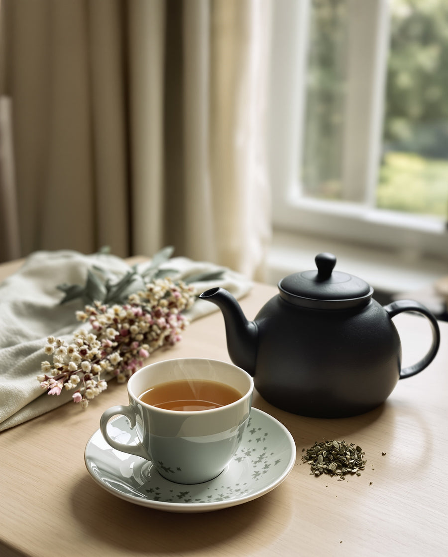 Théière en fonte, tasse de thé et feuilles, ambiance Mamie Lulu