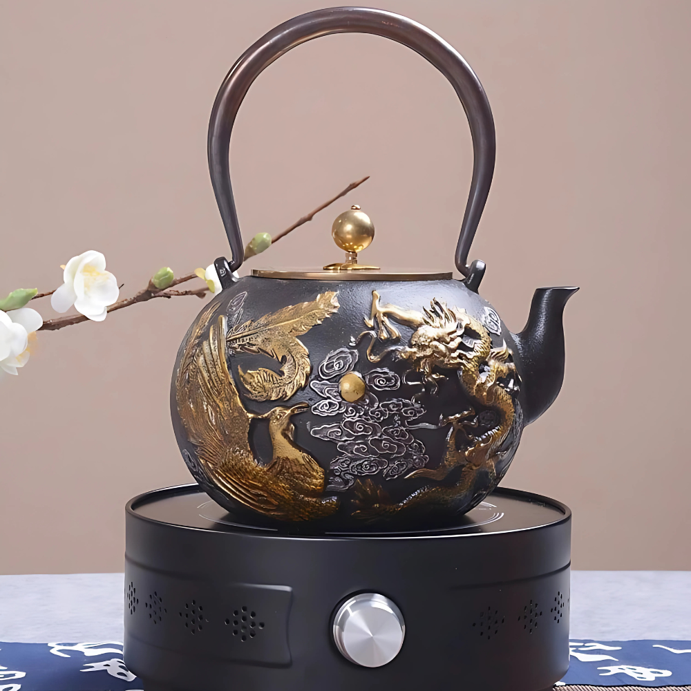 Belle Théière en Fonte - Phénix & Dragon d'Or