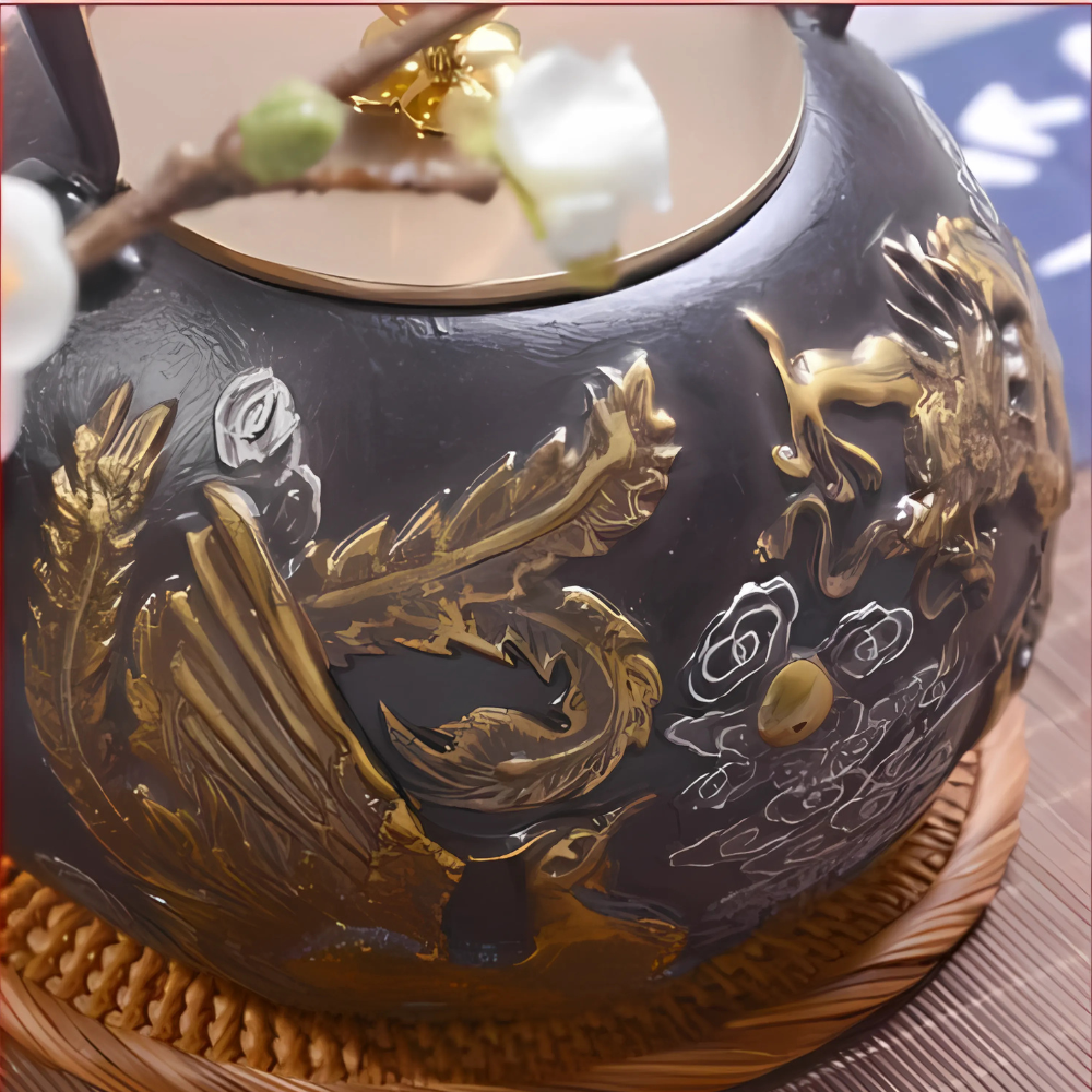 Belle Théière en Fonte - Phénix & Dragon d'Or