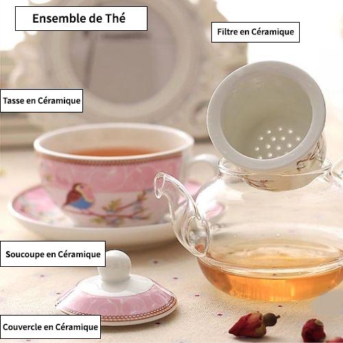 Service à thé oiseau et fleur pour un ensemble, théière bleu rose